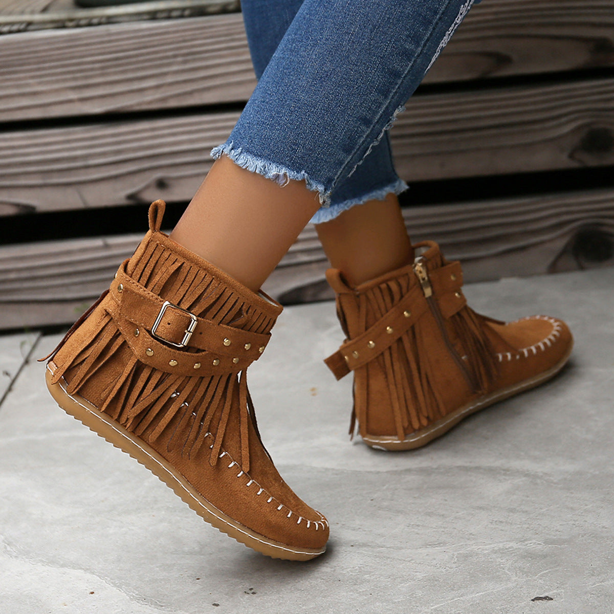 Studded Fringe Round Toe Boots