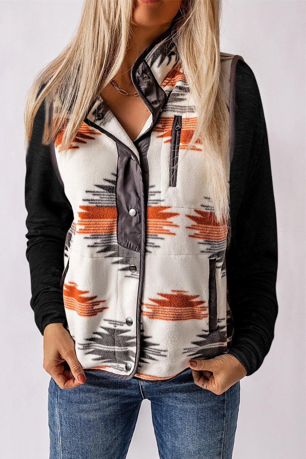 Multicolor Geometric Pattern Snap Button Fuzzy Vest Jacket