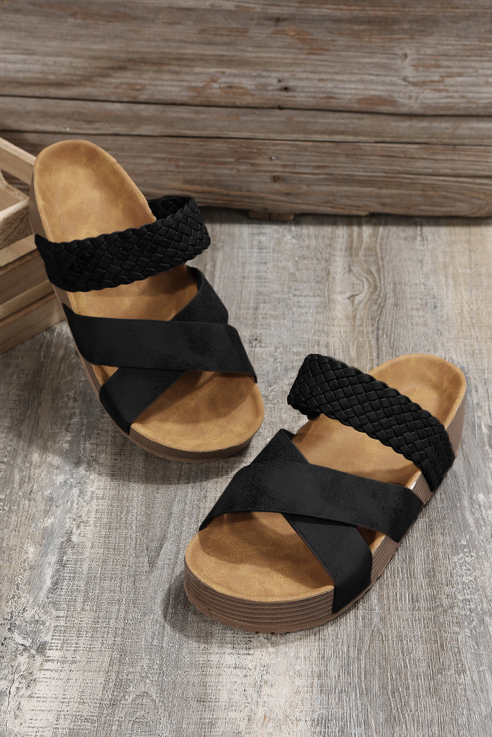 Black Braided Detail Criss Cross Platform Sandals