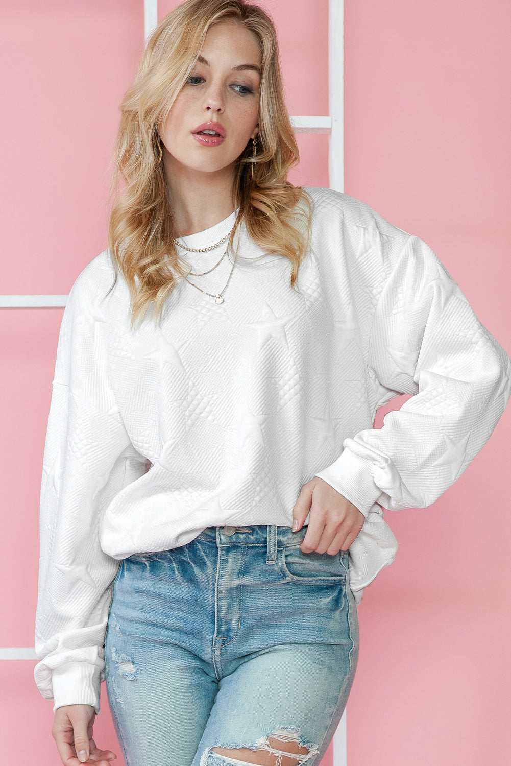 White Star Embossed Textured Drop Shoulder Sweatshirt