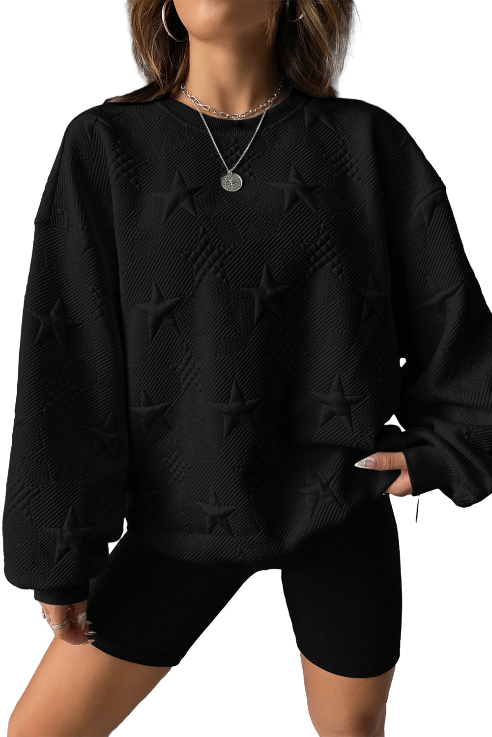 White Star Embossed Textured Drop Shoulder Sweatshirt