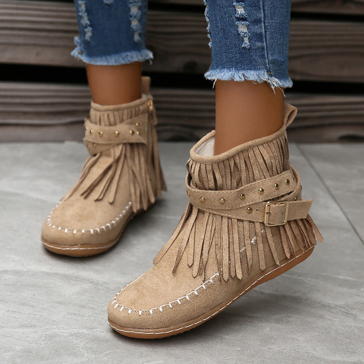 Studded Fringe Round Toe Boots