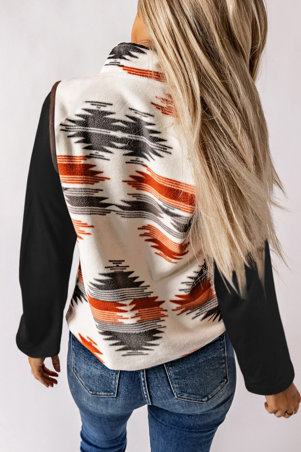 Multicolor Geometric Pattern Snap Button Fuzzy Vest Jacket