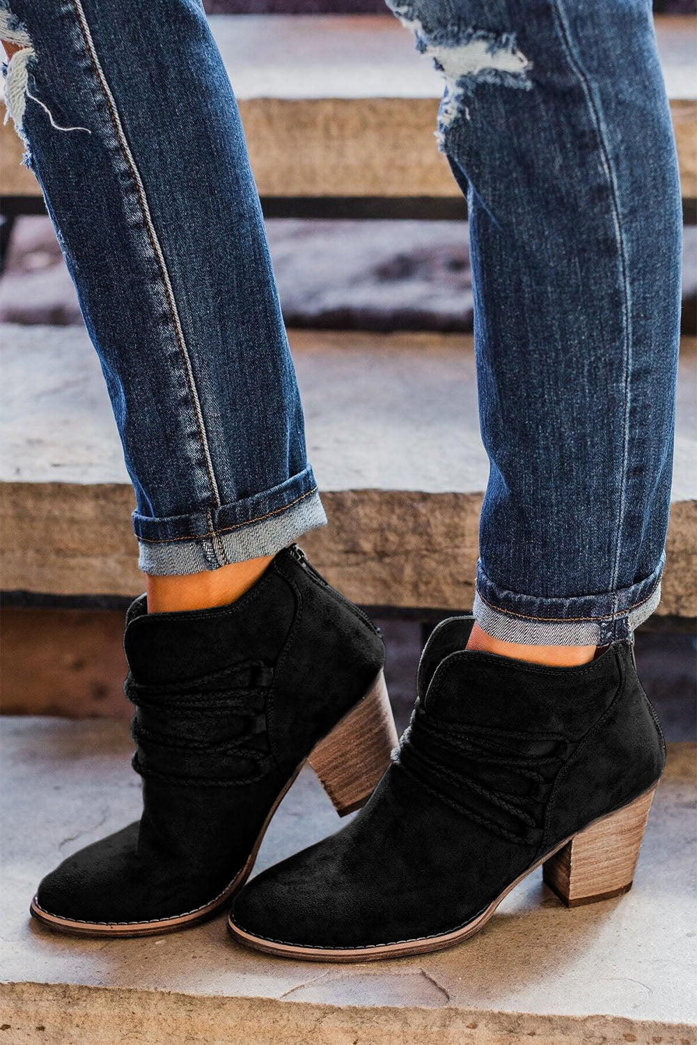 Black Criss Cross Slip On Point Toe Heeled Boots