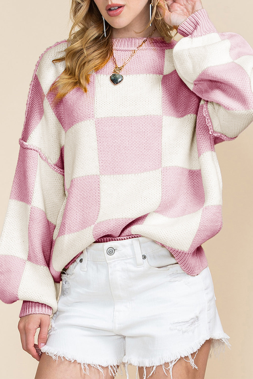 Khaki Plaid Bishop Sleeve Pullover Sweater