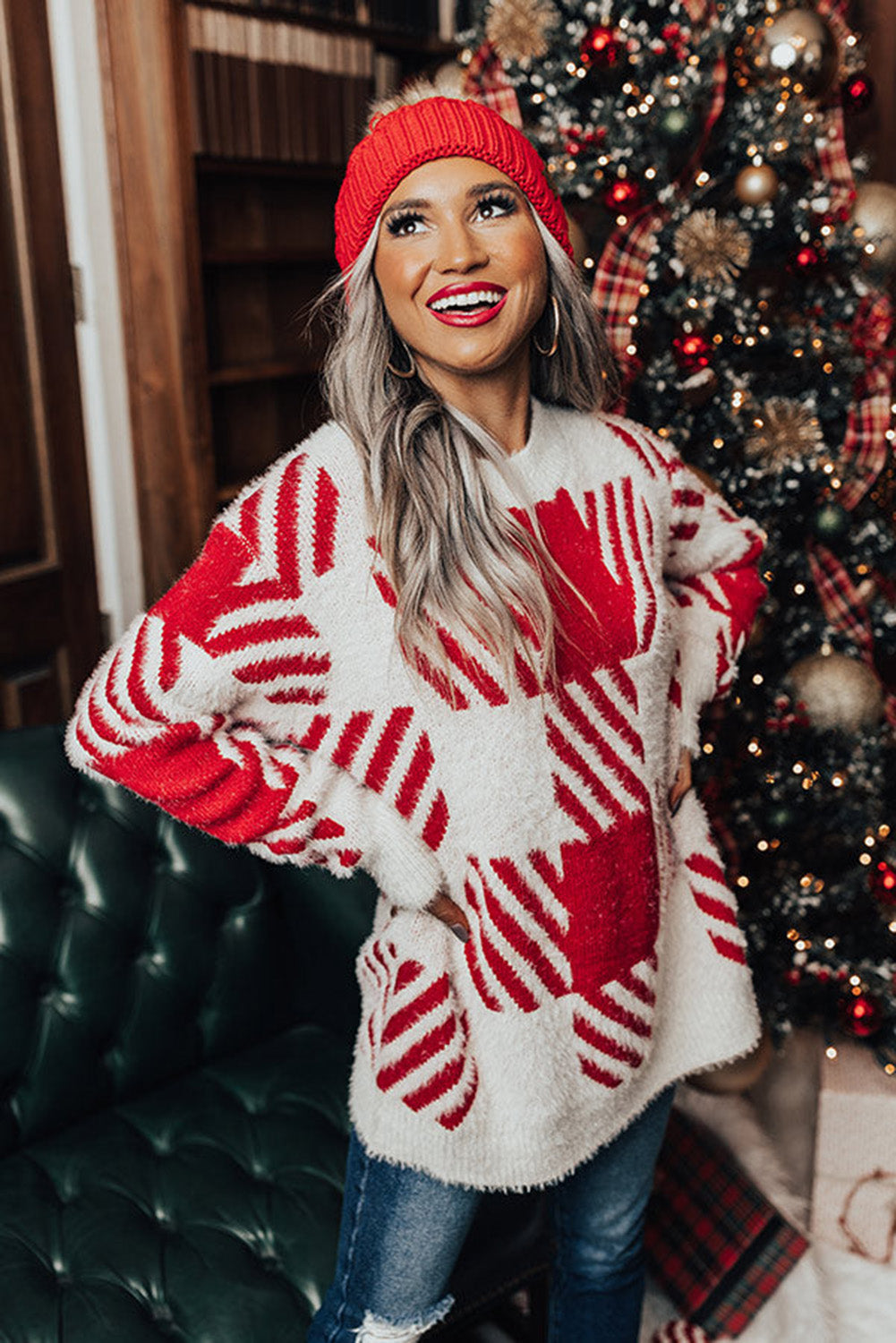 Red Fuzzy Check Drop Shoulder Sweater