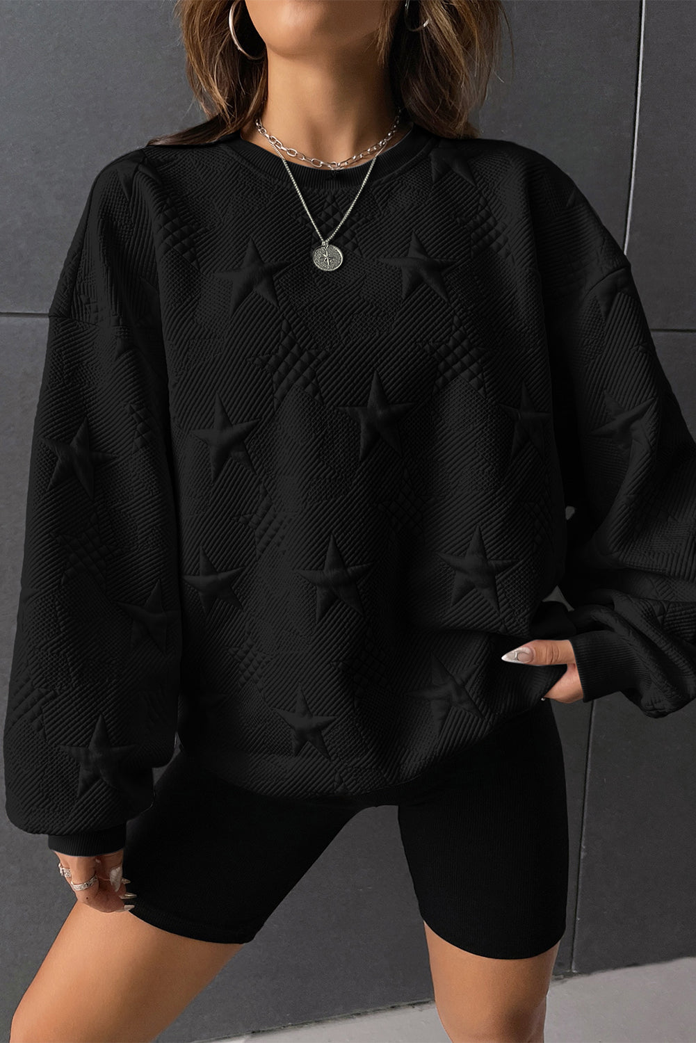 White Star Embossed Textured Drop Shoulder Sweatshirt