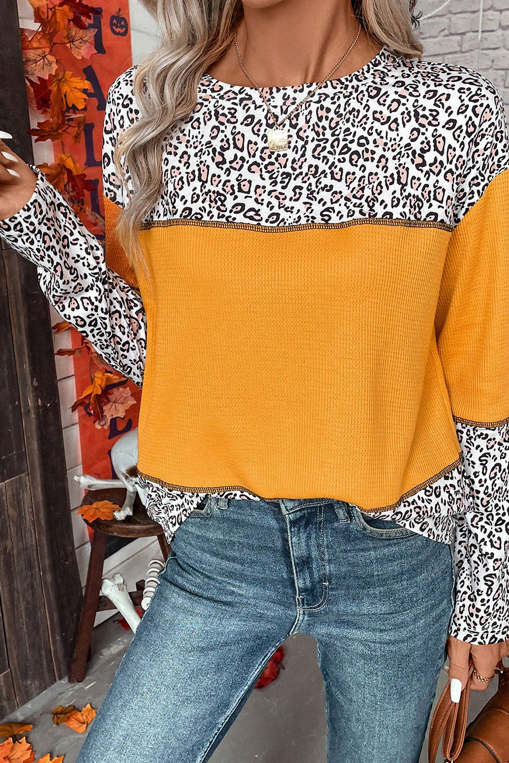 Orange Leopard Print Waffle Knit Patchwork Top