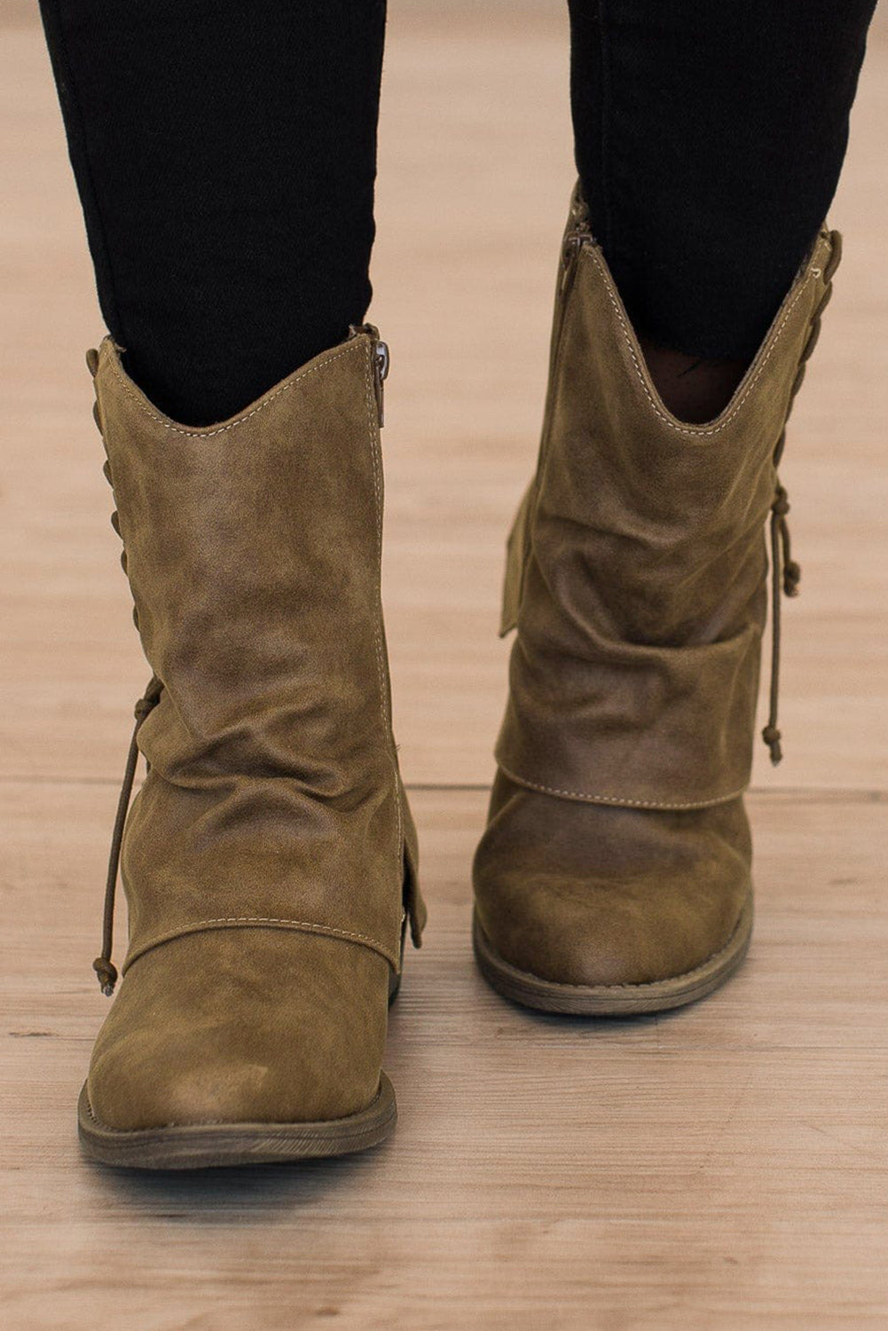 Brown Lace Detail Faux Leather Ankle Boots