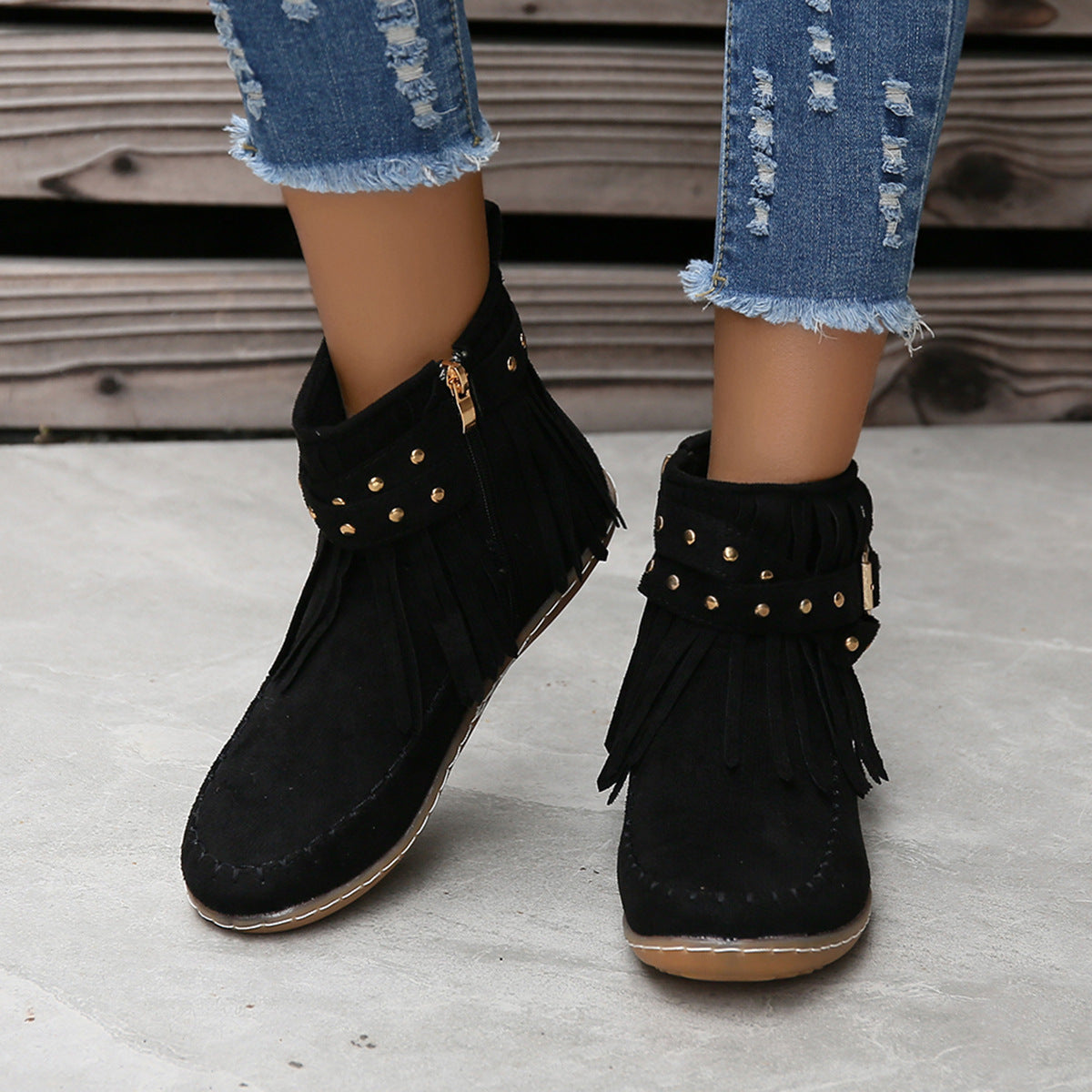 Studded Fringe Round Toe Boots