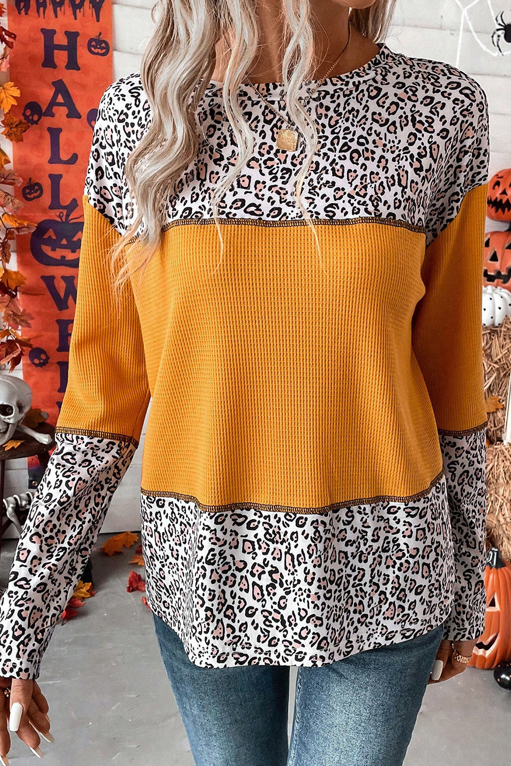 Orange Leopard Print Waffle Knit Patchwork Top