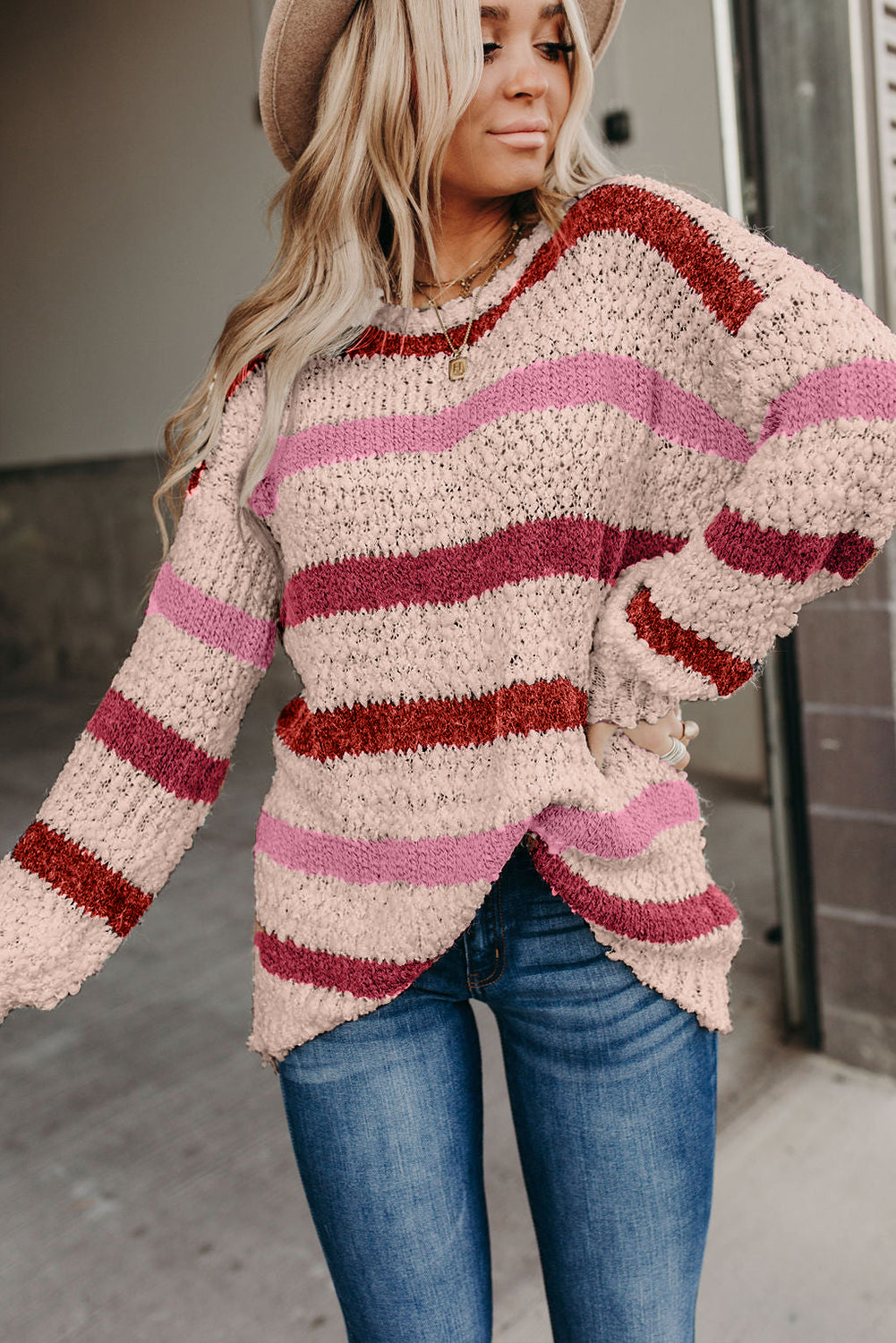 Multicolor Stripes Print Popcorn Drop Shoulder Pullover Sweater