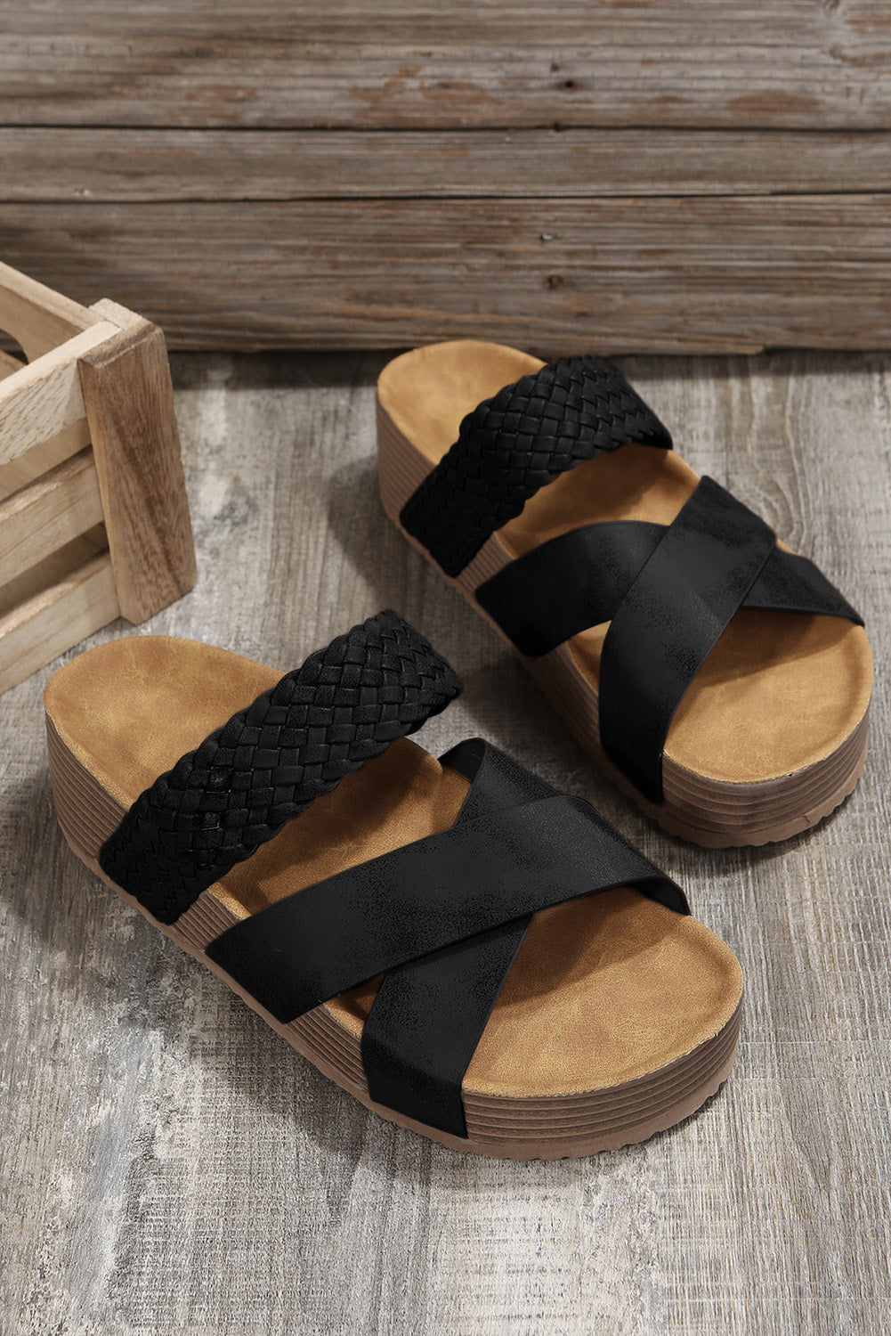 Black Braided Detail Criss Cross Platform Sandals