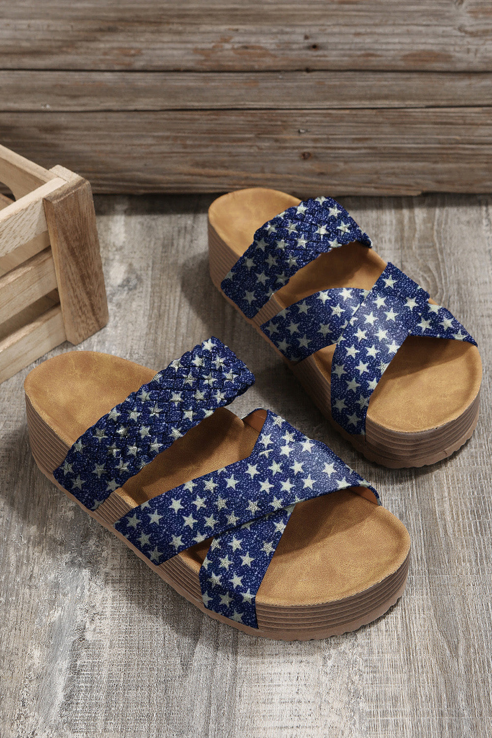 Dark Blue Braided Criss Cross Stars Platform Sandals