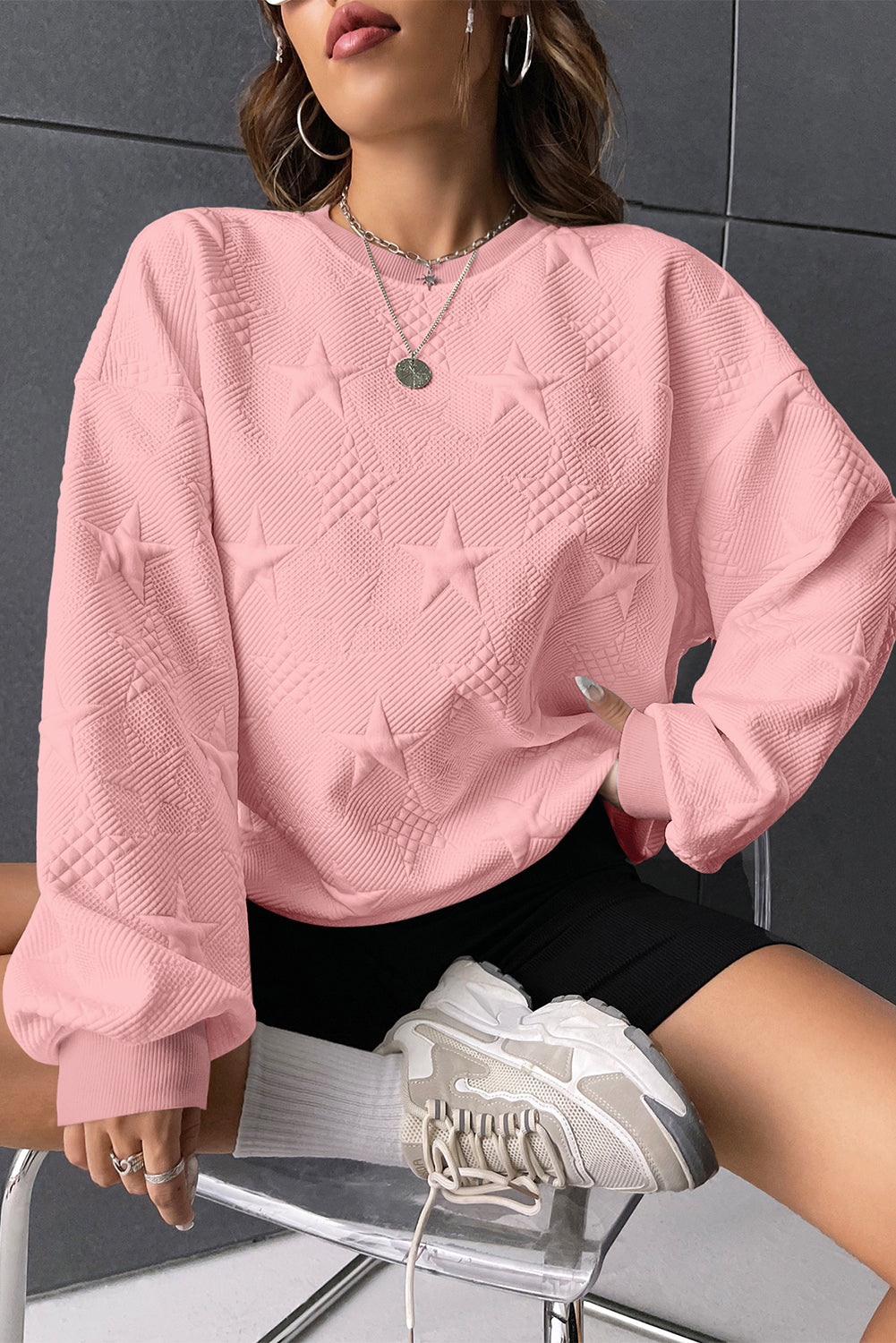 White Star Embossed Textured Drop Shoulder Sweatshirt