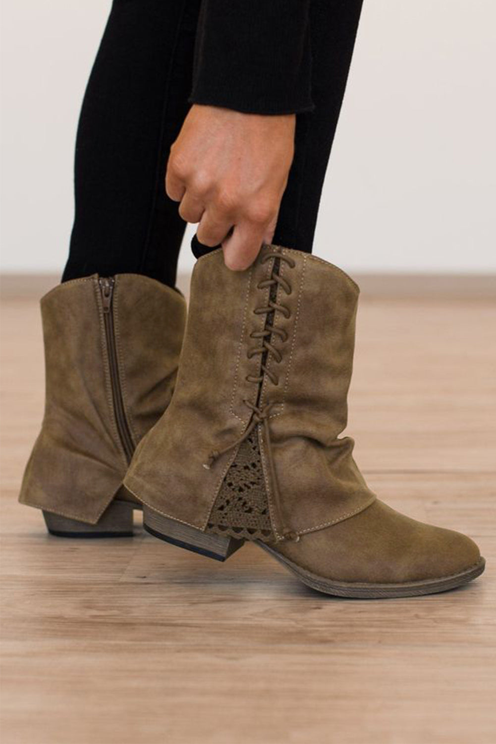 Brown Lace Detail Faux Leather Ankle Boots