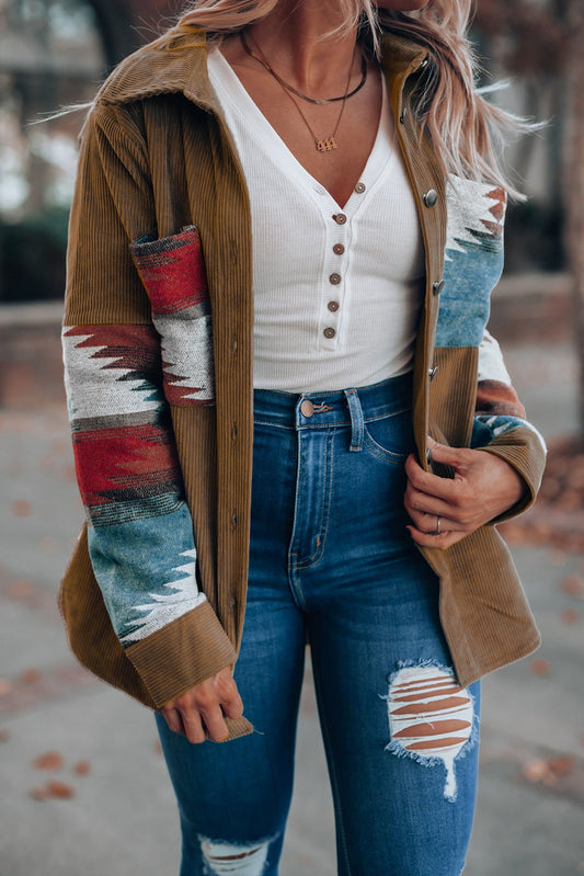 Khaki Geometric Pattern Corduroy Shacket