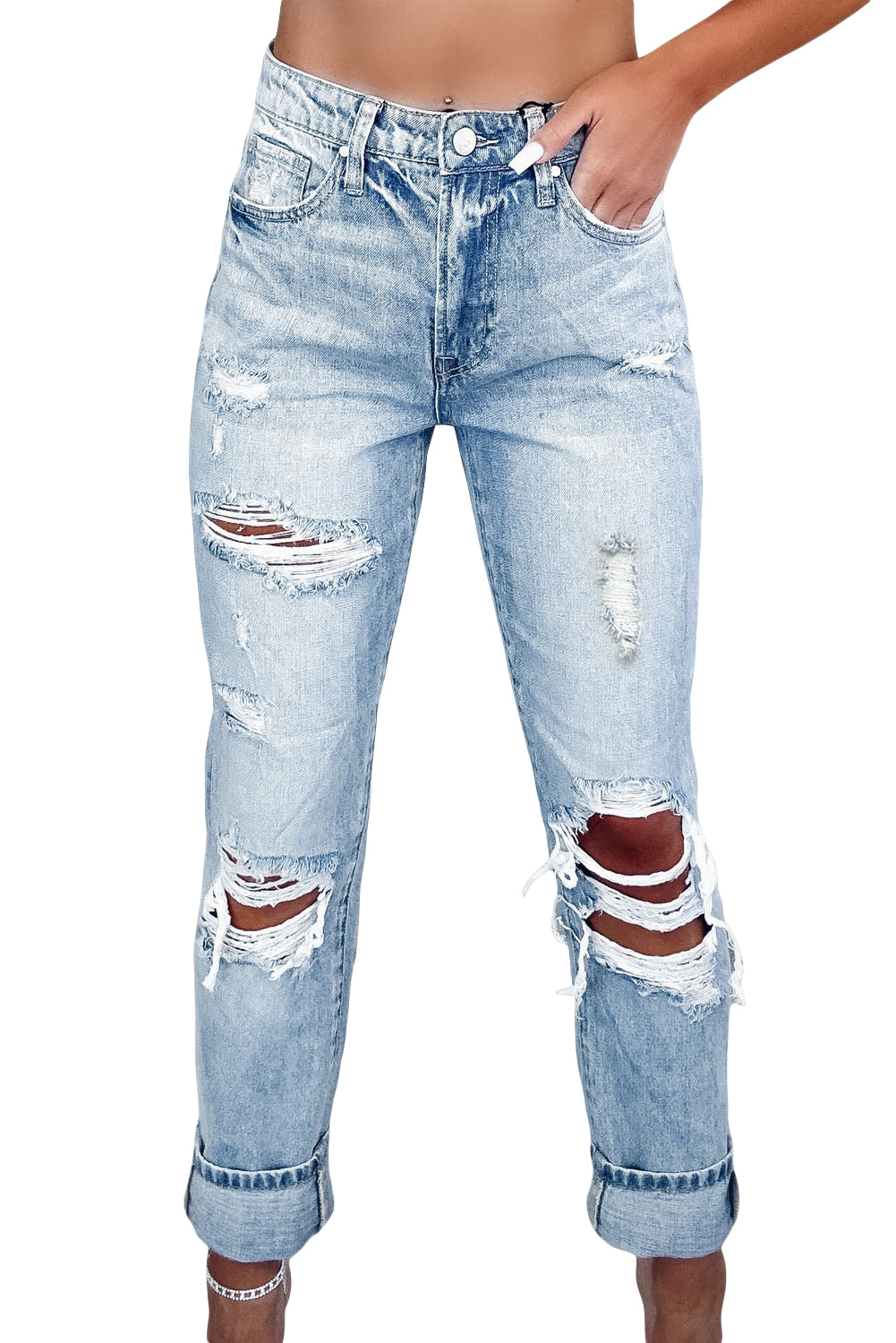 Sky Blue Light Wash Frayed Slim Fit High Waist Jeans