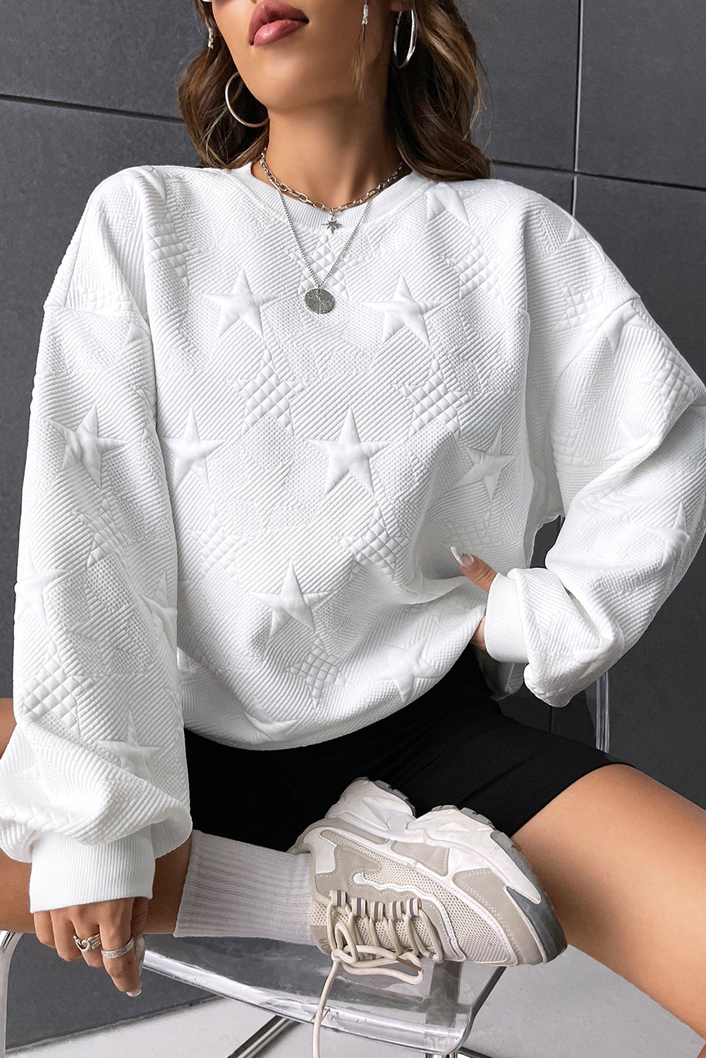 White Star Embossed Textured Drop Shoulder Sweatshirt