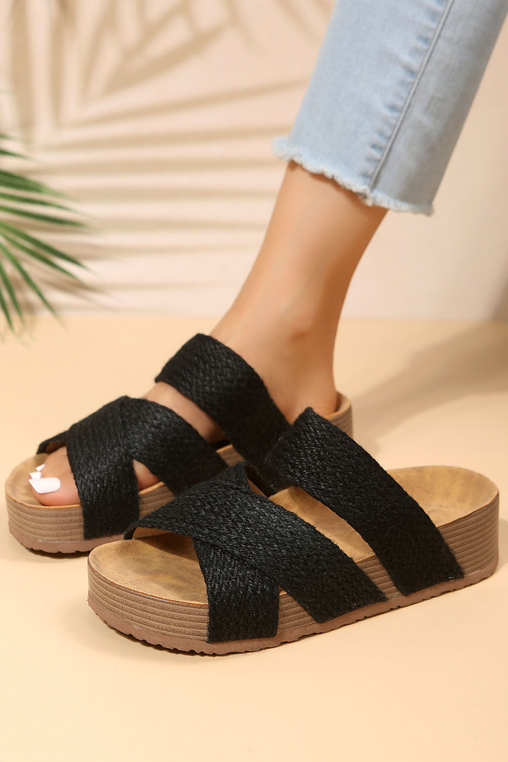 Black Woven Criss Cross Strap Platform Slip-on Sandals