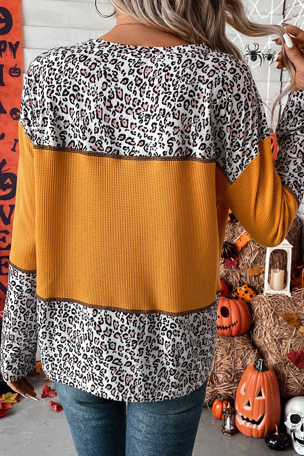 Orange Leopard Print Waffle Knit Patchwork Top