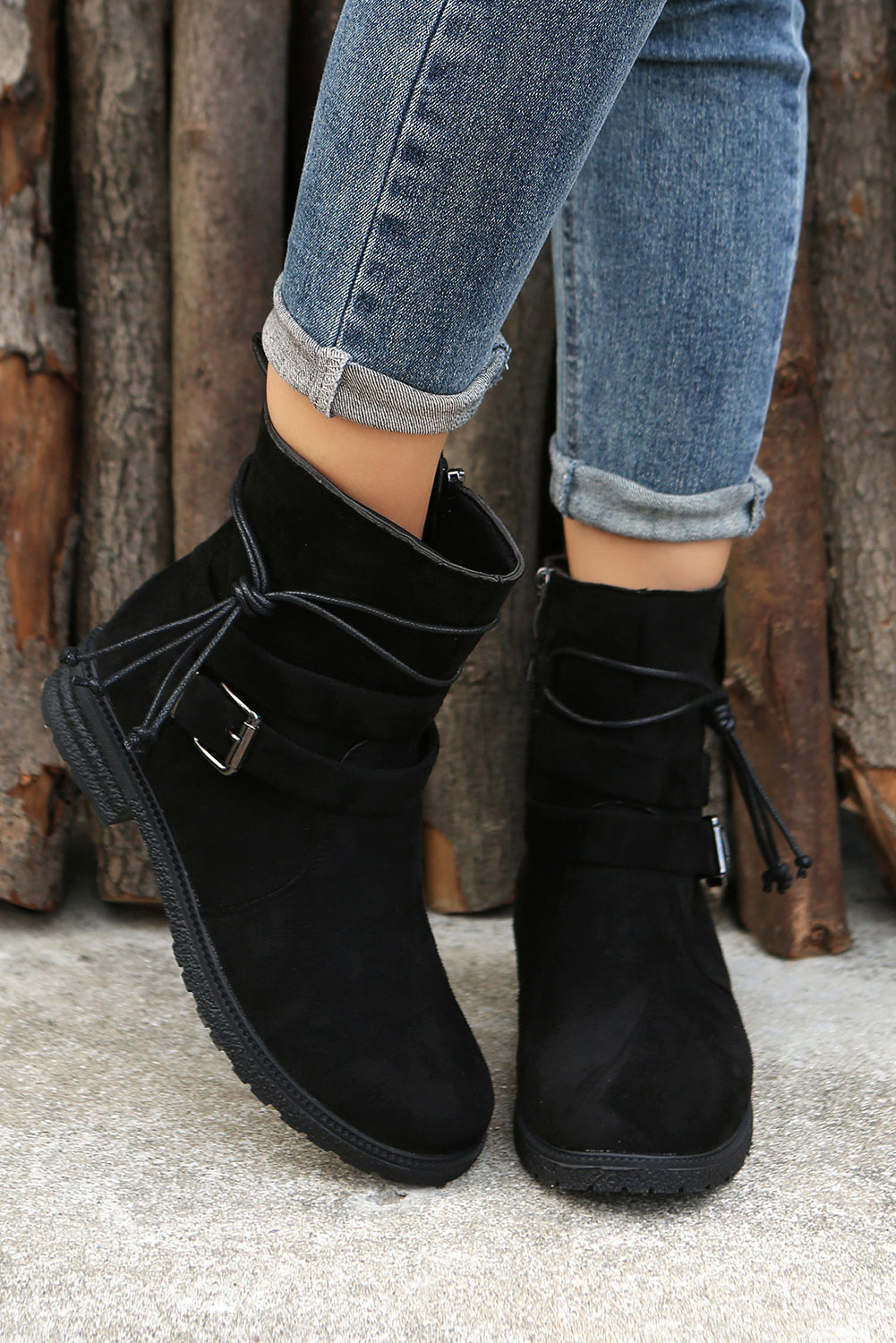 Brown Faux Suede Zip Up Buckle Straps Ankle Boots