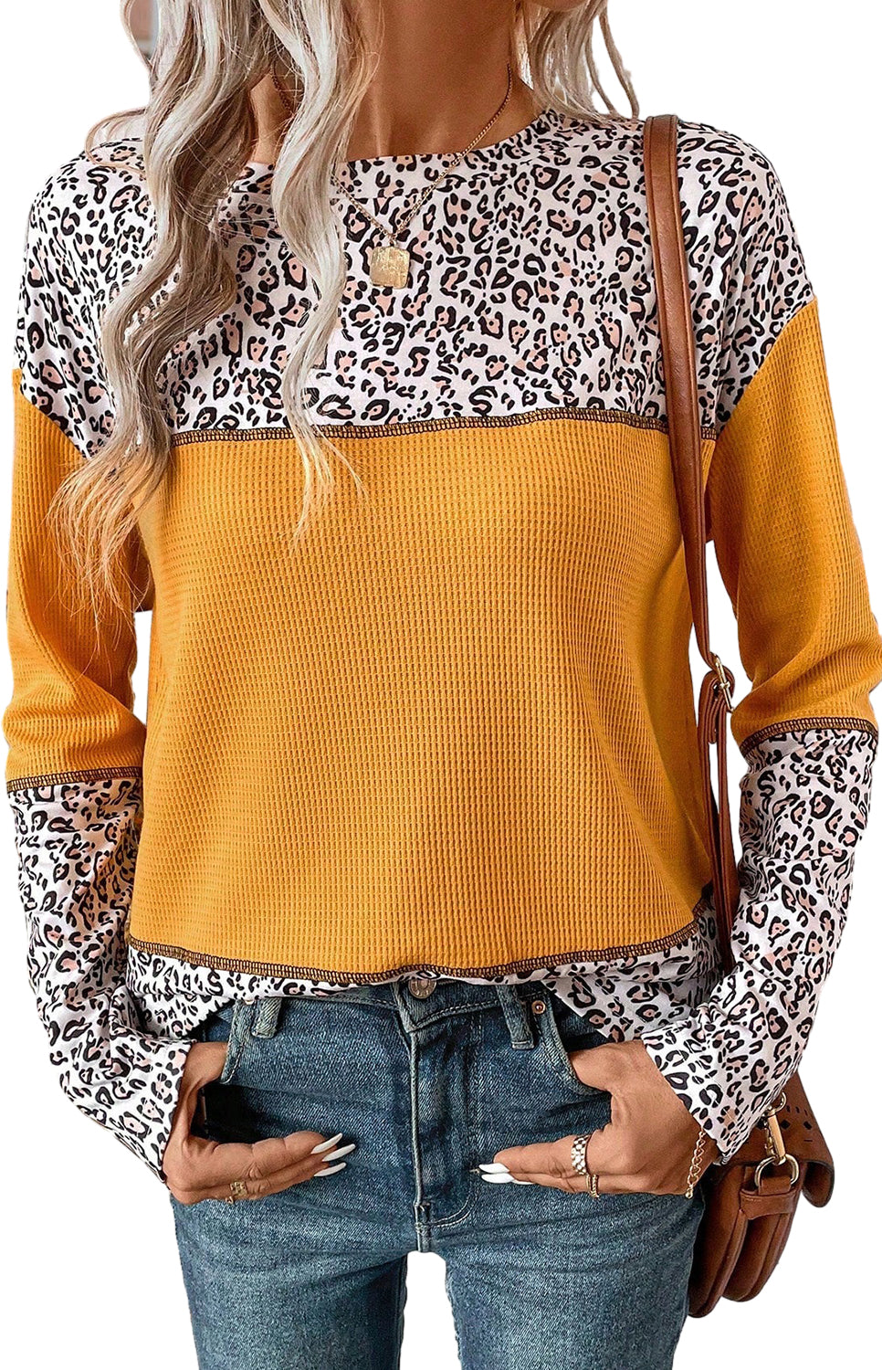 Orange Leopard Print Waffle Knit Patchwork Top