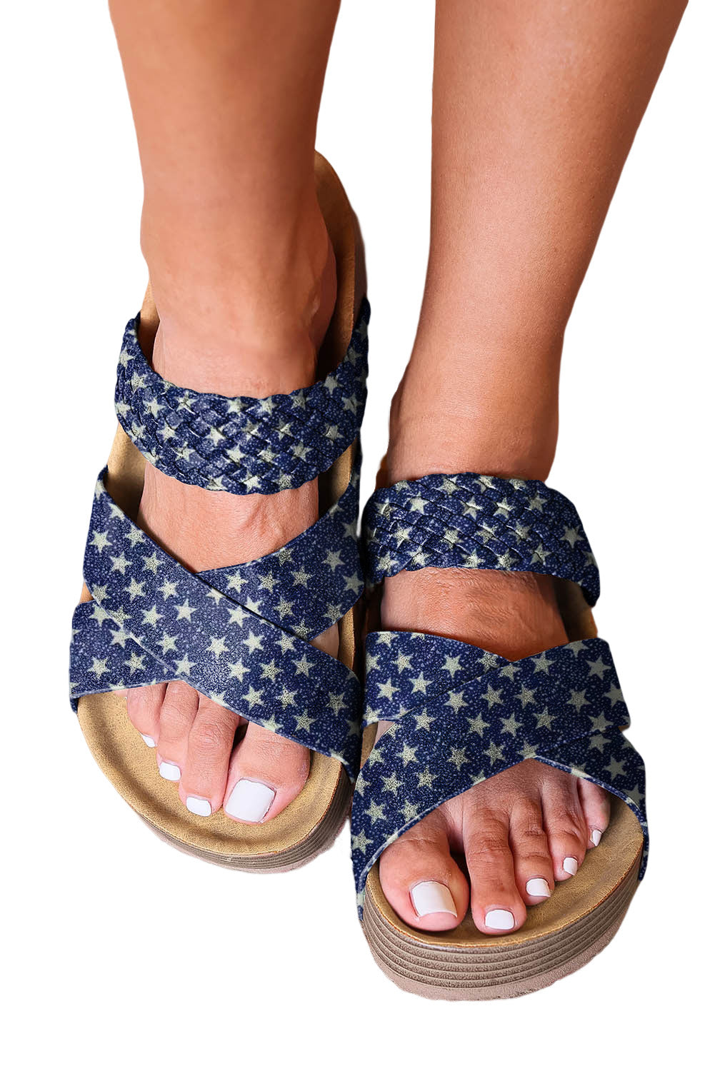 Dark Blue Braided Criss Cross Stars Platform Sandals