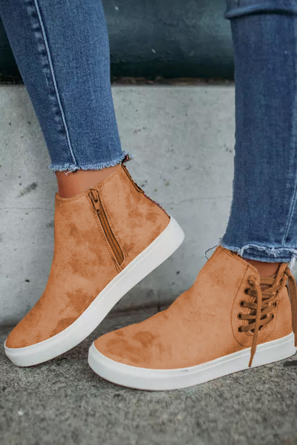 Brown High Top Lace Up Zipper Slip-On Sneakers