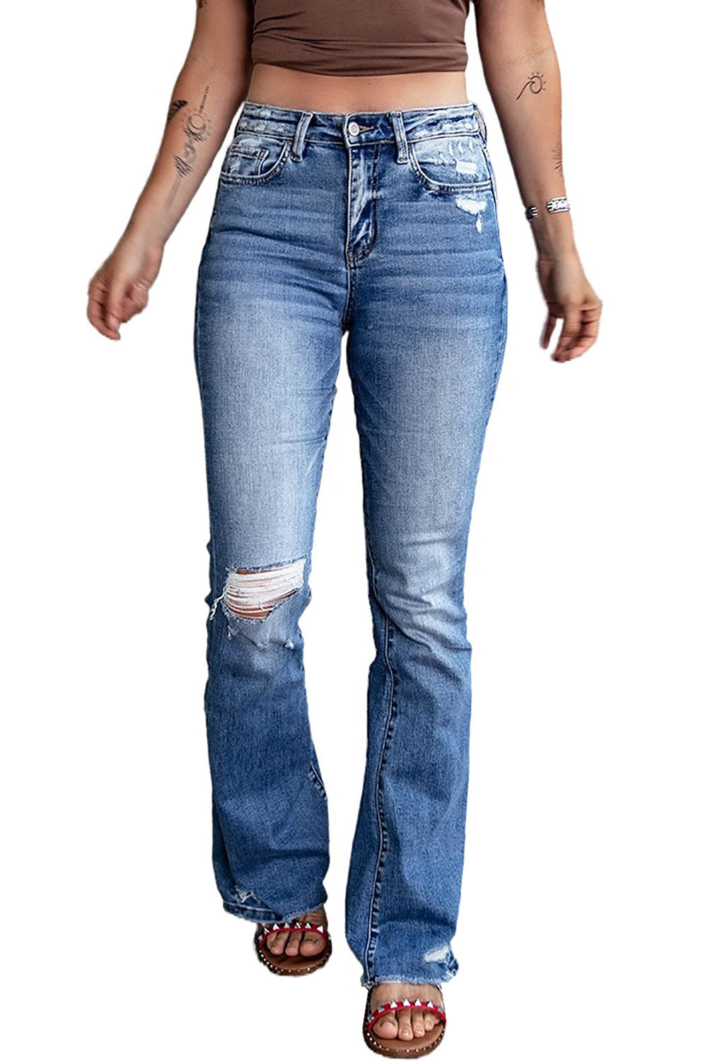 Dark Blue Ripped Raw Hem High Waist Flare Jeans