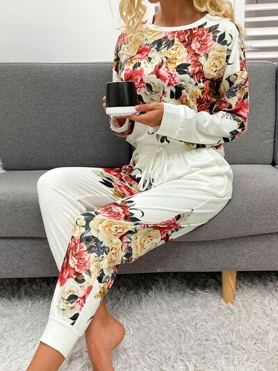 Printed Round Neck Top and Drawstring Pants Lounge Set