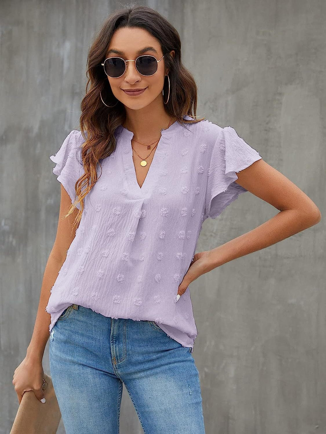 Swiss Dot Notched Cap Sleeve Blouse