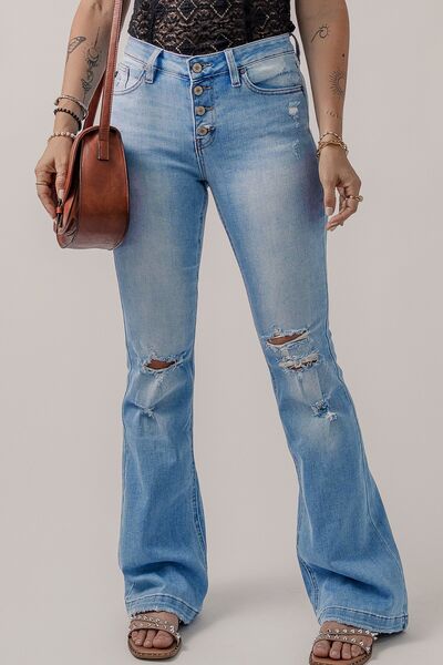 Button-Fly Distressed Flare Jeans