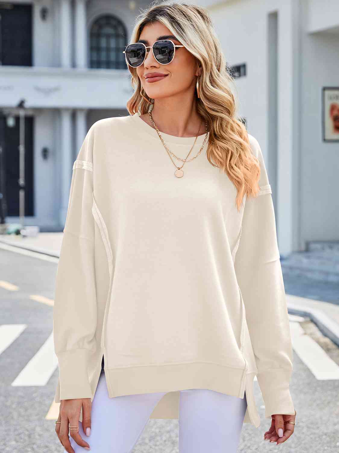 Exposed Seam High-Low Round Neck Sweatshirt