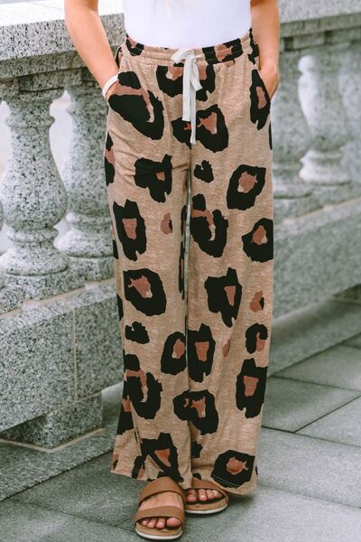 Leopard Drawstring Wide Leg Pants with Pockets