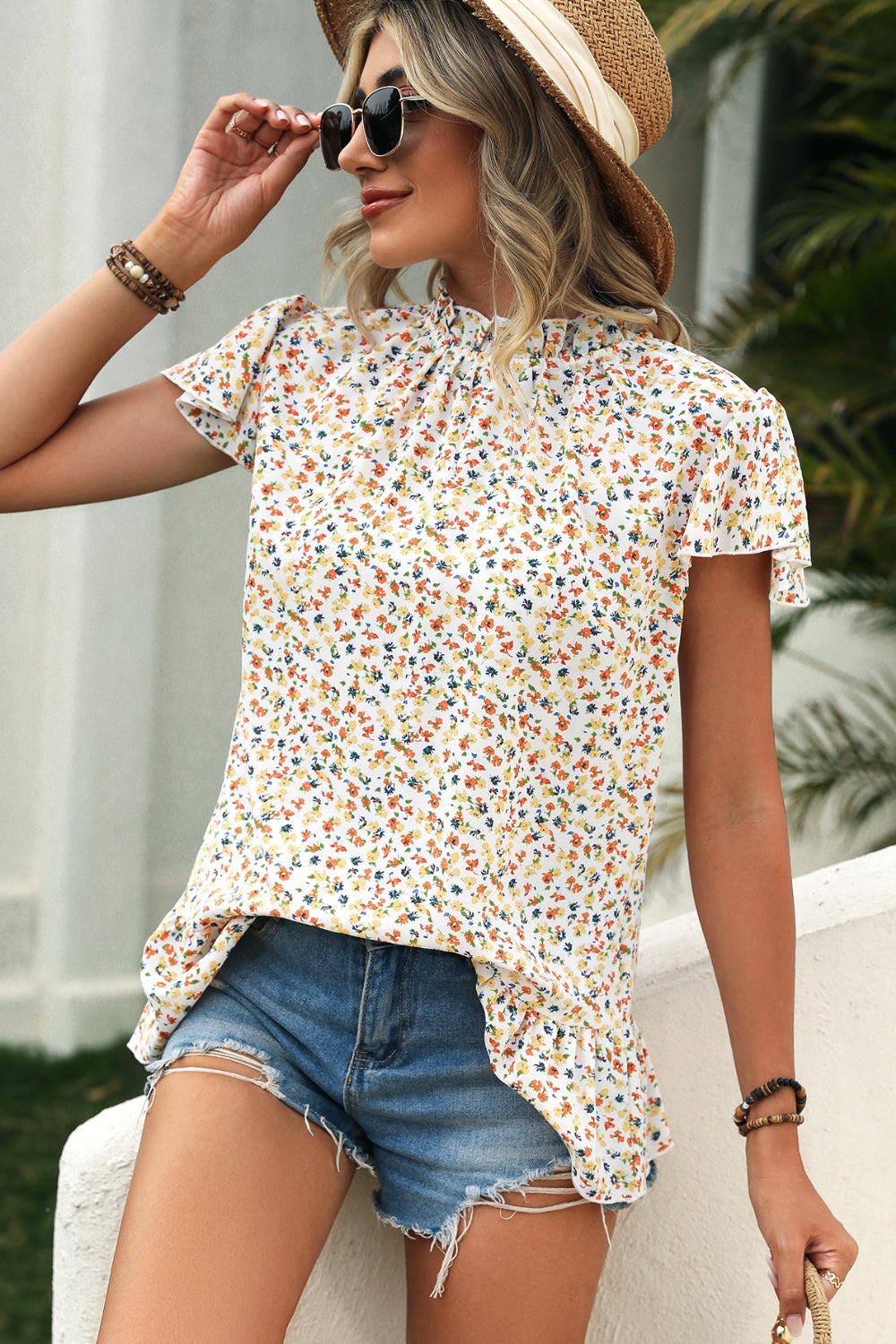 Ditsy Floral Mock Neck Short Sleeve T-Shirt