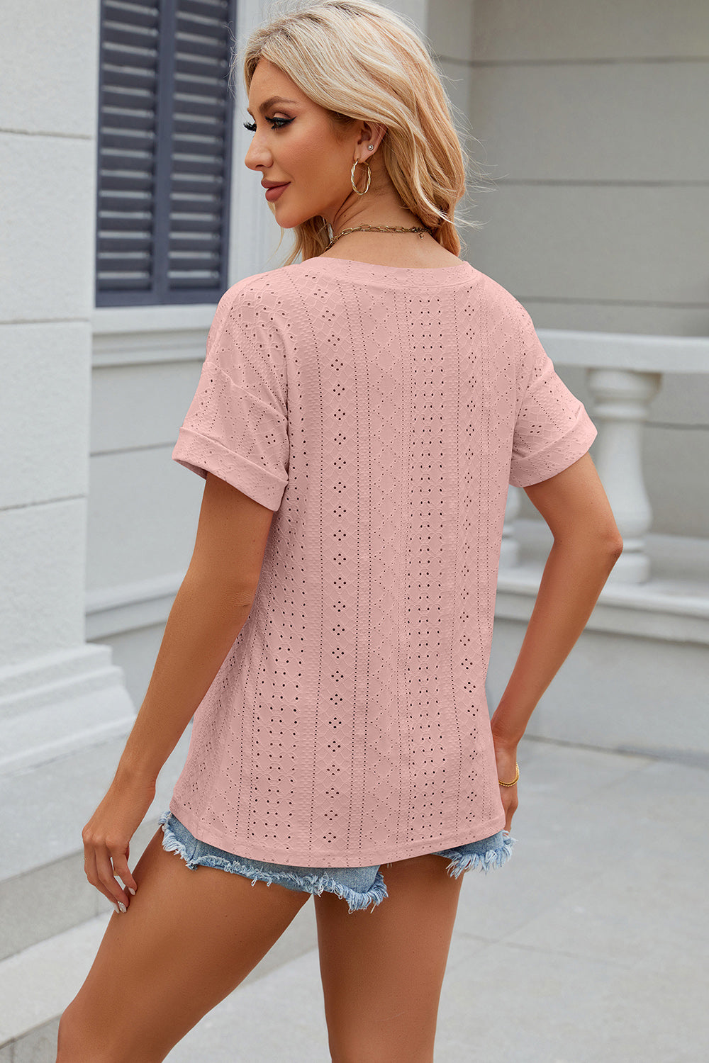 Eyelet V-Neck Short Sleeve T-Shirt