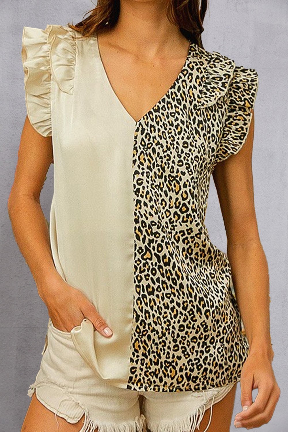 Ruffled Leopard V-Neck Cap Sleeve Blouse