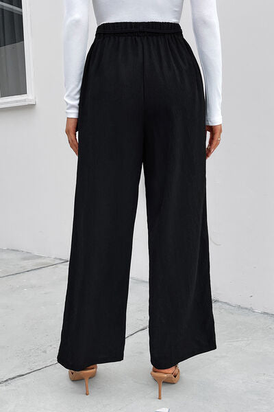 High Waist Ruched Tie Front Wide Leg Pants