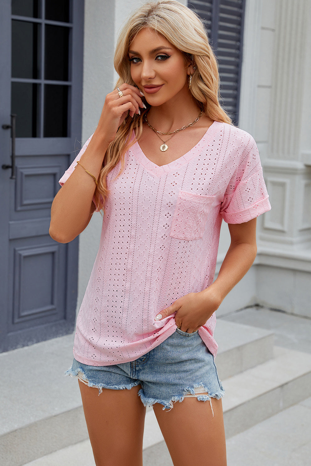 Eyelet V-Neck Short Sleeve T-Shirt