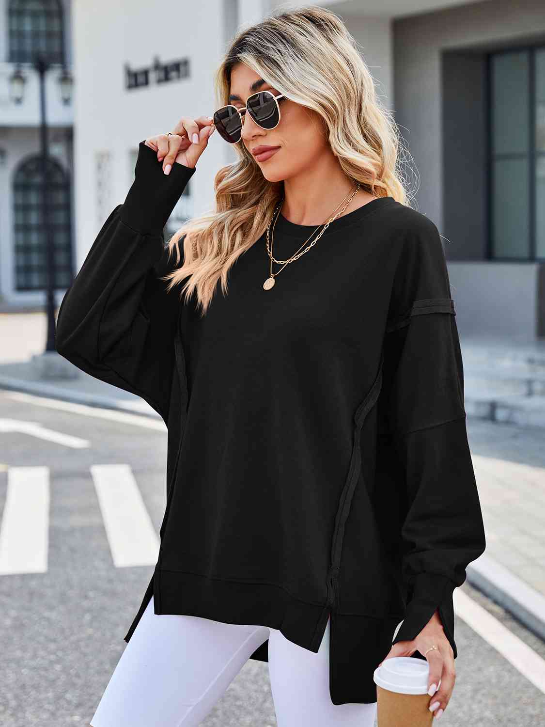 Exposed Seam High-Low Round Neck Sweatshirt