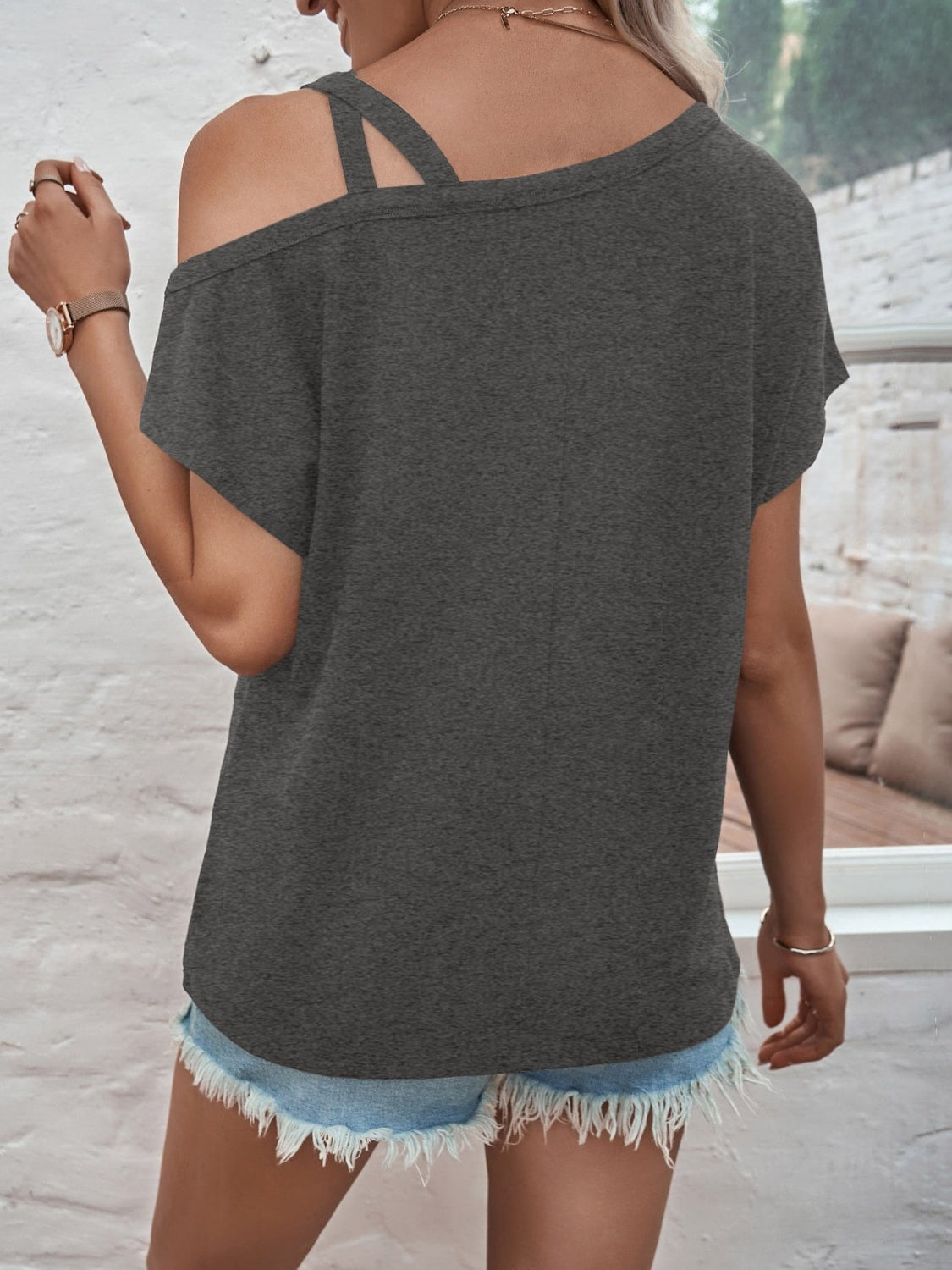 Asymmetrical Neck Short Sleeve T-Shirt