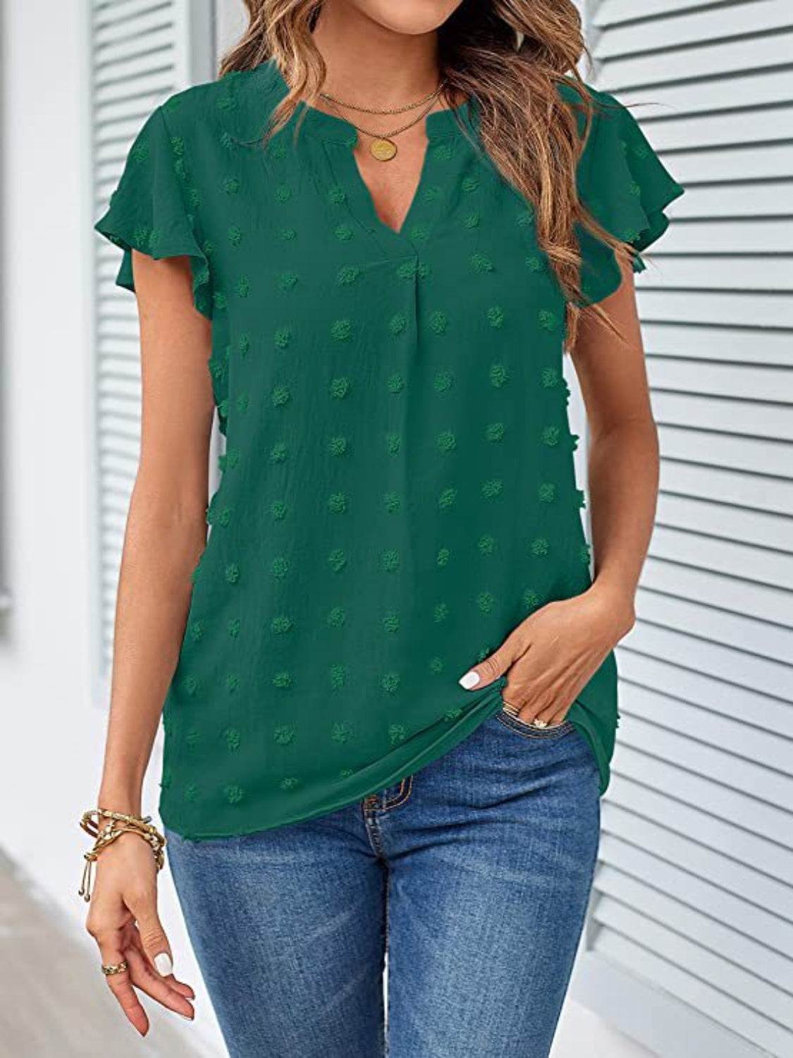 Swiss Dot Notched Cap Sleeve Blouse